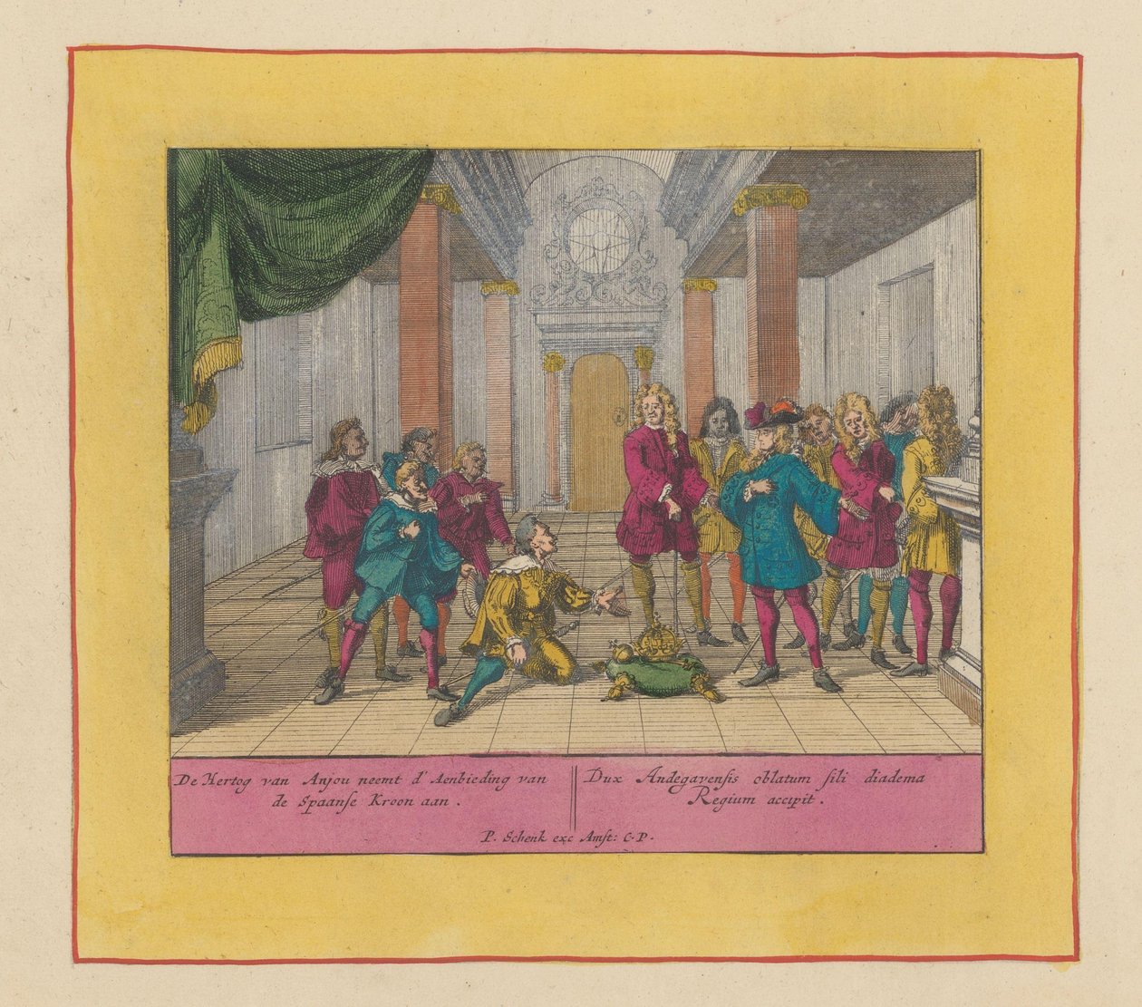Anjou Fülöp herceg elfogadja a spanyol koronát, 1700 Anjou hercege elfogadja a Spanyol Korona Ajánlatát (...) (cím a tárgyon) A Háború Színháza, II. Károly király kezdete. Károly királyig III. Meglévő IX alkotó: Pieter Schenk (I)