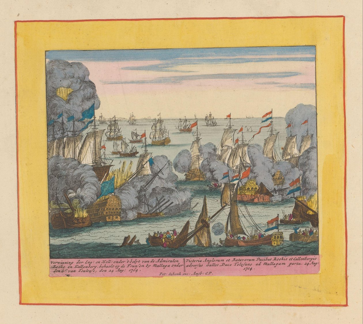 Malagai tengeri csata, 1704 Verwinning der Eng en Holl: Admiralen Rooke és Kallenberg (...) parancsnoksága alatt (cím az objektumon) A Háború Színháza, II. Károly király kezdete. Károly királyig III. Meglévő IX. Történelmi Fig alkotó: Pieter Schenk (I)