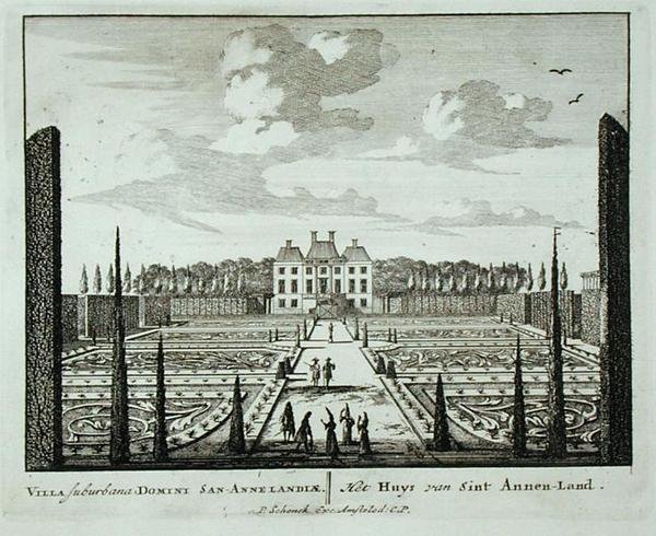 A Saint Annen-Land-i ház és kertek az „Admirandorum Quadruplex Spectaculum”-ból, Jan van Call (1656-1703), 1715 előtt megjelent (metszet) alkotó: Pieter Schenk