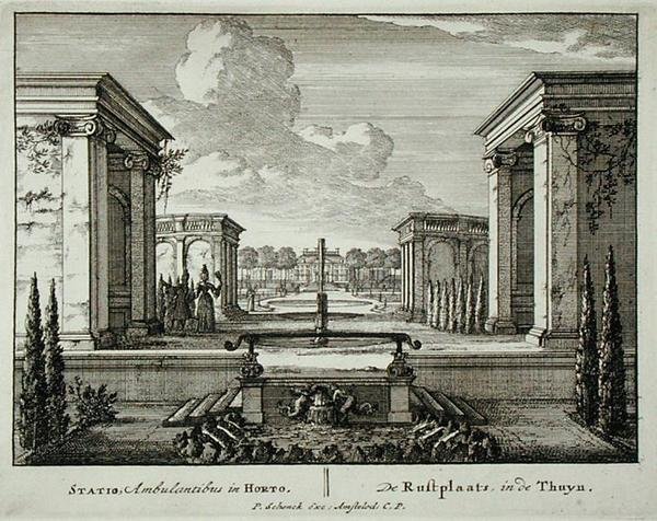 Pihenőhely egy kertben, az „Admirandorum Quadruplex Spectaculum”-ból, Jan van Call (1656-1703), 1715 előtt megjelent (metszet) alkotó: Pieter Schenk