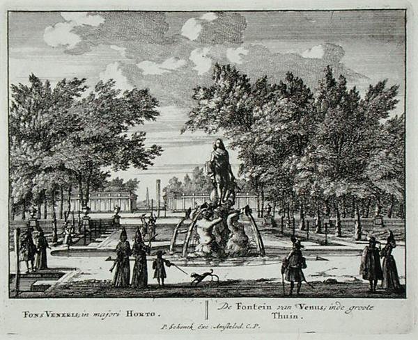 A Vénusz szökőkútja egy hatalmas kertben, az „Admirandorum Quadruplex Spectaculum”-ból, Jan van Call (1656-1703), 1715 előtt megjelent (metszet) alkotó: Pieter Schenk