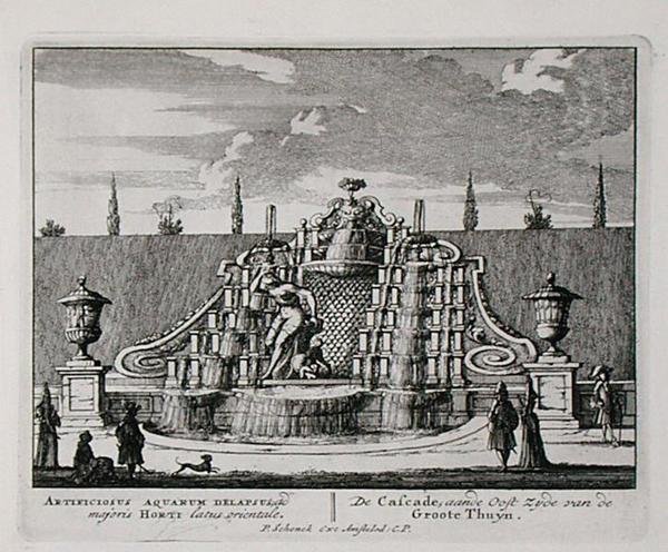 Vízesés egy keleti kertben, Jan van Call (1656-1703) "Admirandorum Quadruplex Spectaculum" című, 1715 előtt megjelent művéből (metszet). alkotó: Pieter Schenk