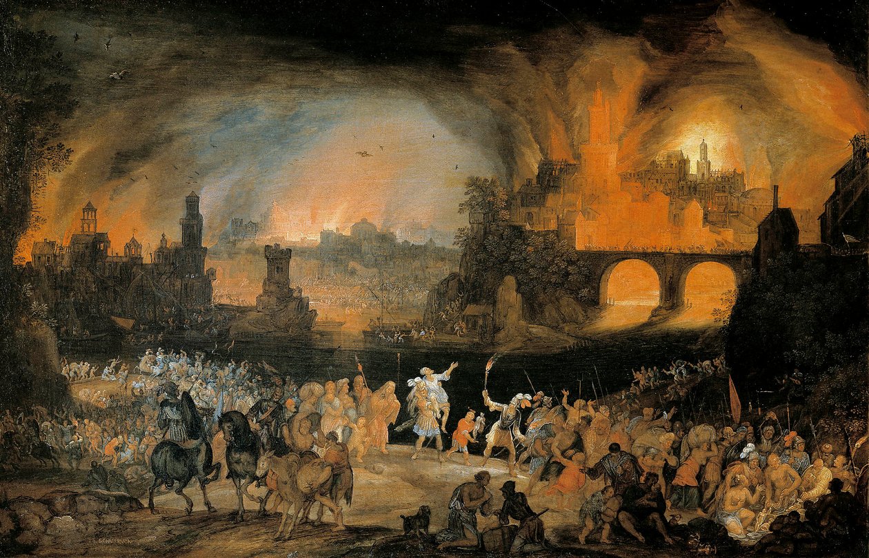 Trója városának felgyújtása. Pieter Schoubroeck (1570-1607) festménye. 1606. Kunsthistorisches Museum Vienna Austria alkotó: Pieter Schoubroeck