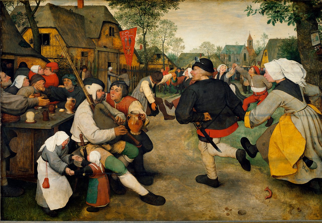 Paraszttánc Egy férfi dudán játszik egy alkoholista mellett. Mögöttük a zászlóval bordélyház, miközben a falusiak táncolnak és szórakoznak. Pieter Bruegel festménye, az idősebb (vagy Pierre Breugel vagy Peter Brueghel vagy Breughel) alkotó: Pieter Bruegel the Elder