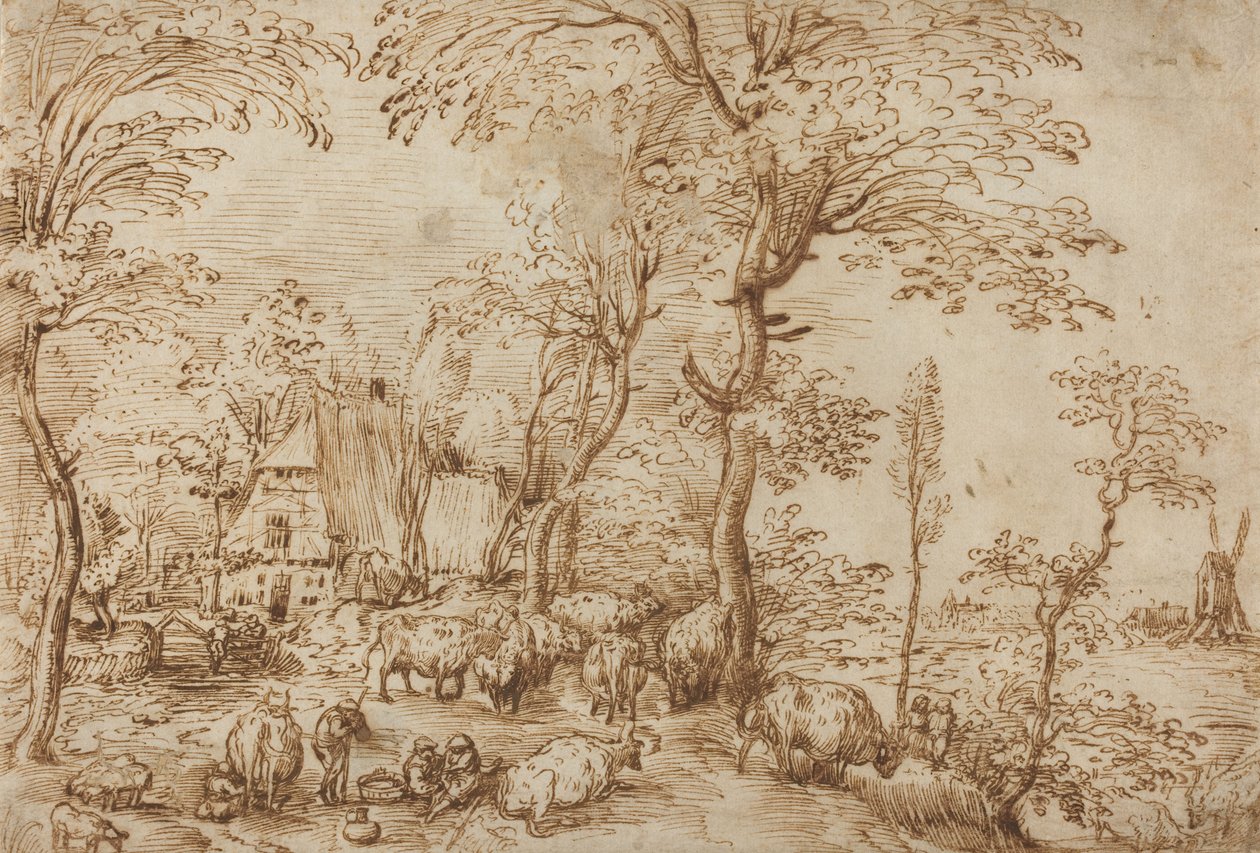 Parasztok és szarvasmarhák egy parasztház közelében, 1553-54 körül (toll és barna tinta papíron) alkotó: Pieter Bruegel the Elder