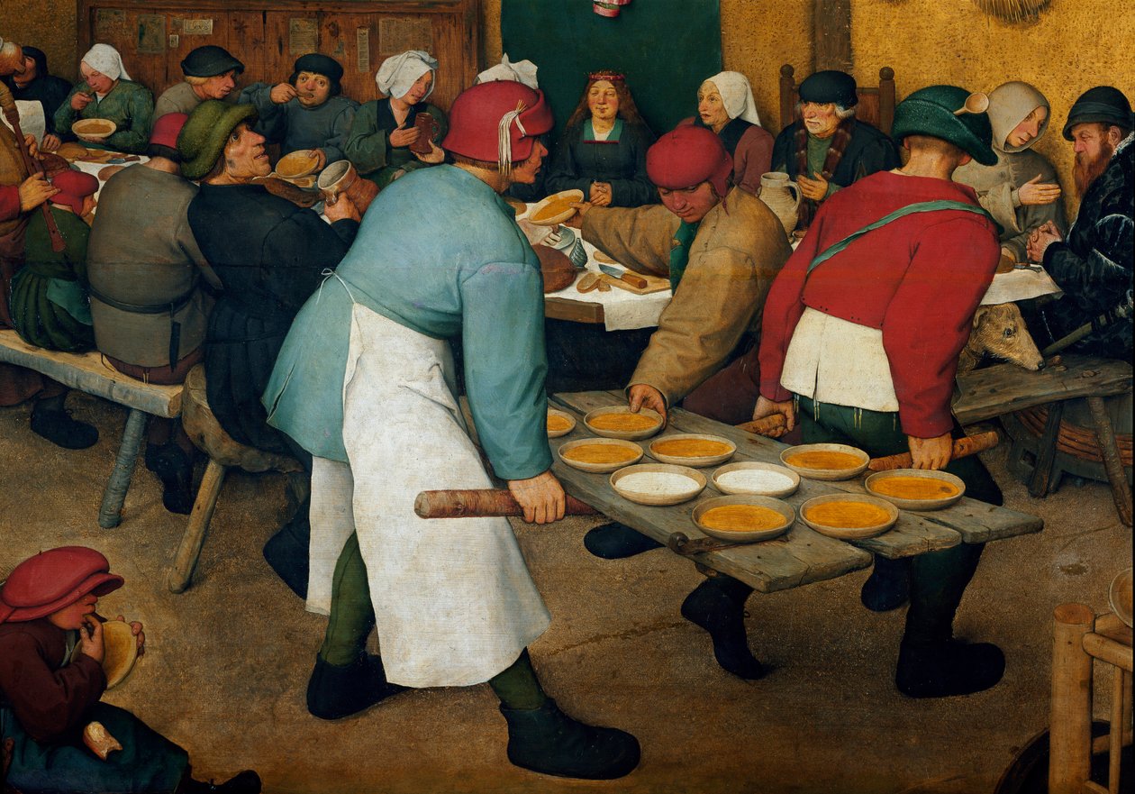 A nászút részlete. Tányérok egy tálcán. Pieter Bruegel (vagy Bruegel vagy Brueghel vagy Brueghel) festménye szerint az előbbi (1525-1569) alkotó: Pieter Bruegel the Elder