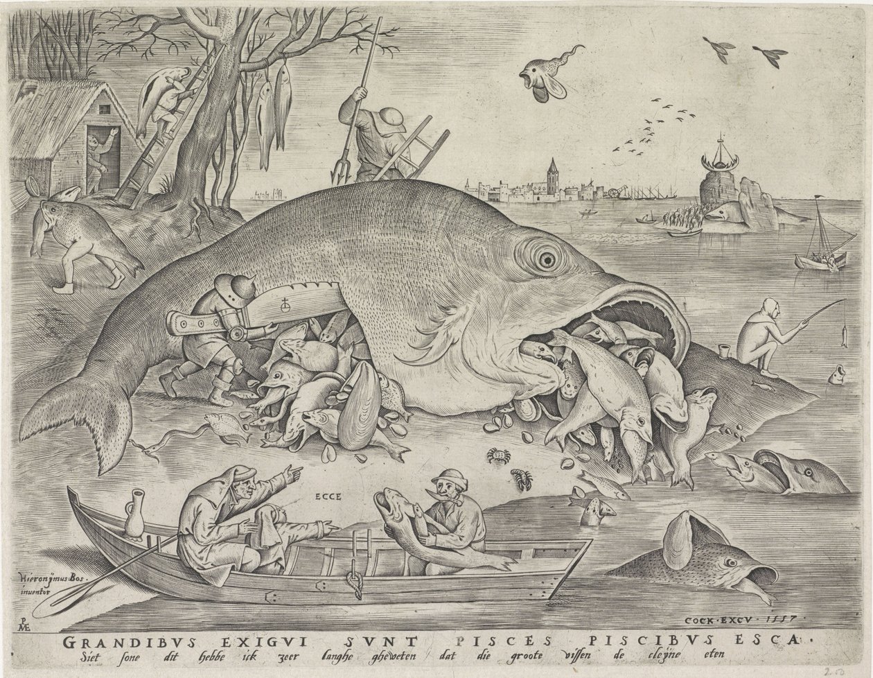 A nagy halak megeszik a kis halakat, vésette Pieter van der Heyden, 1557 alkotó: Pieter The Elder after Brueghel