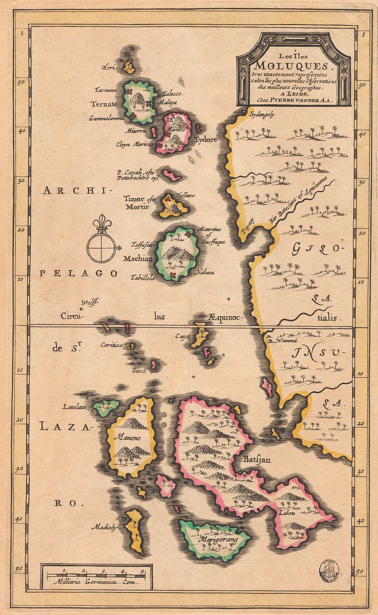 A Molukka-szigetek (a mai Indonézia) térképe, 1707 körül (színes metszet) alkotó: Pieter Van der Aa