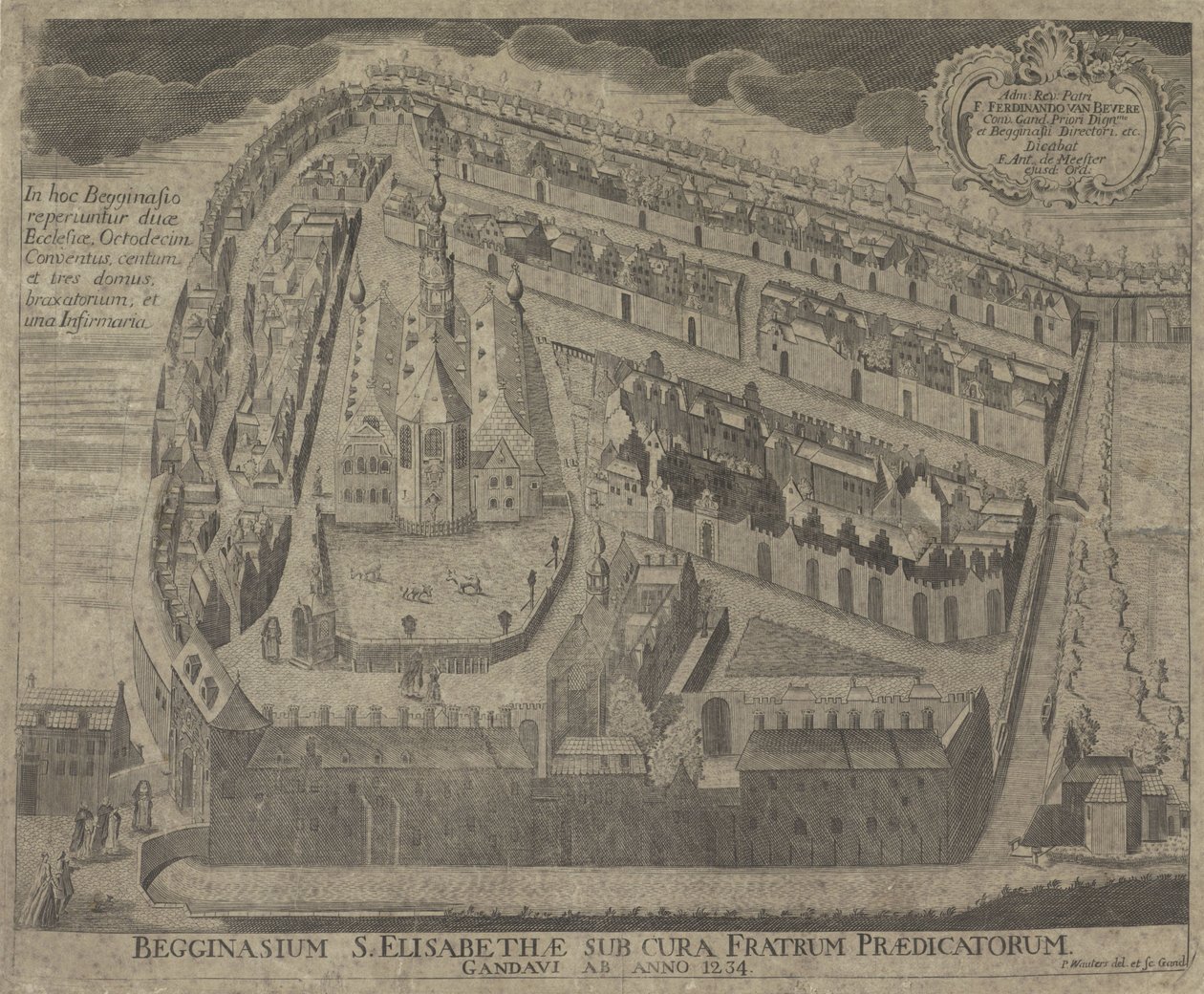 Gezicht op het Sint-Elisabethbegijnhof en de Sint-Elisabethkerk te Gent Szent Erzsébet Begginasium a genti prédikátorfivérek gondozásában 1234-ből (cím a tárgyon) alkotó: Pieter Wauters