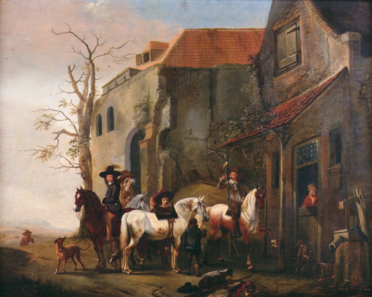 Lovasok és lovak egy fogadó ajtajában alkotó: Pieter Wouwermans or Wouwerman