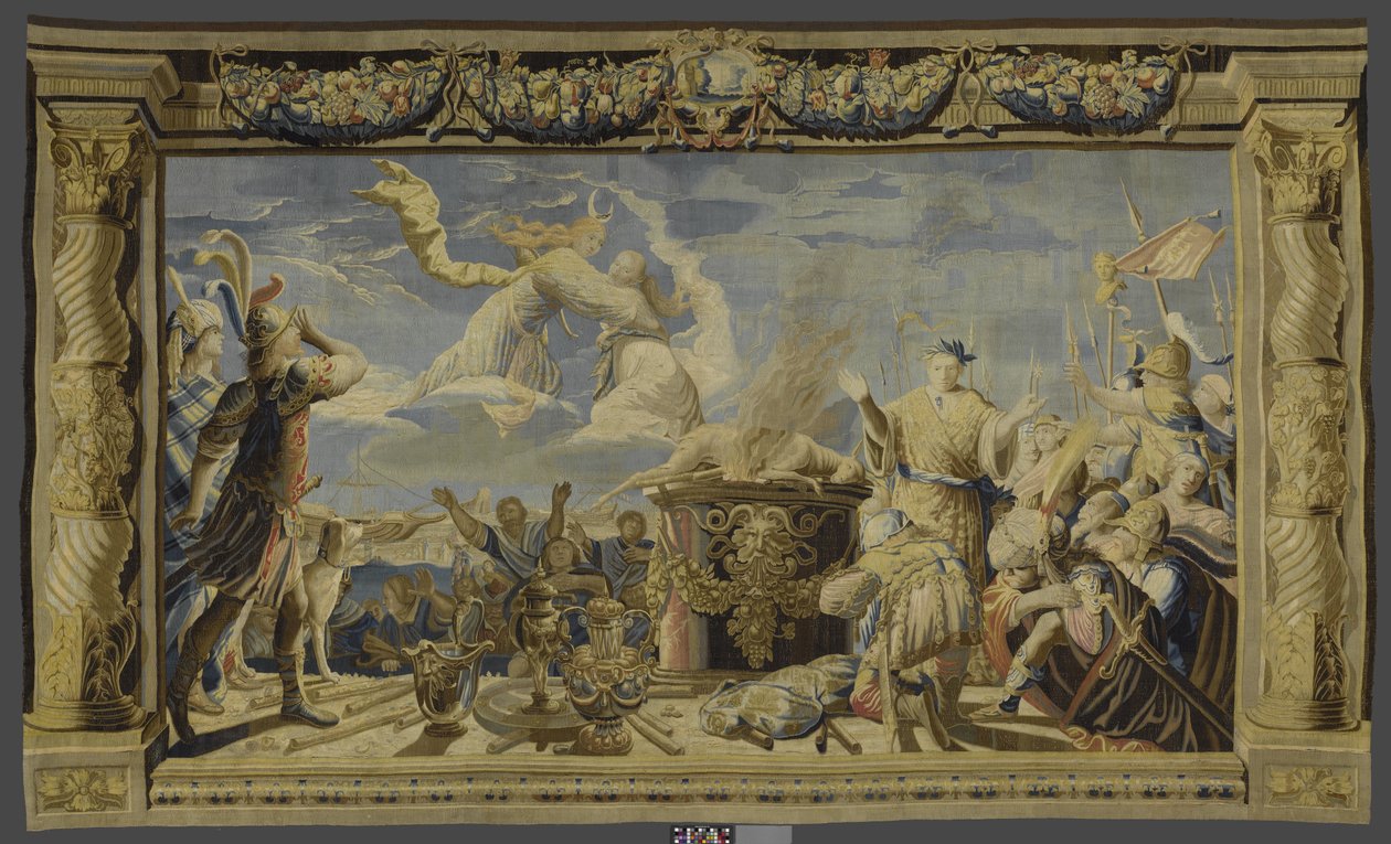 Gobelin, amely Artemisz beavatkozását ábrázolja Iphigeneia áldozatának előkészítése során Iphigeneia és Orestes története (sorozat címe) alkotó: Pieter de Cracht (workshop of)