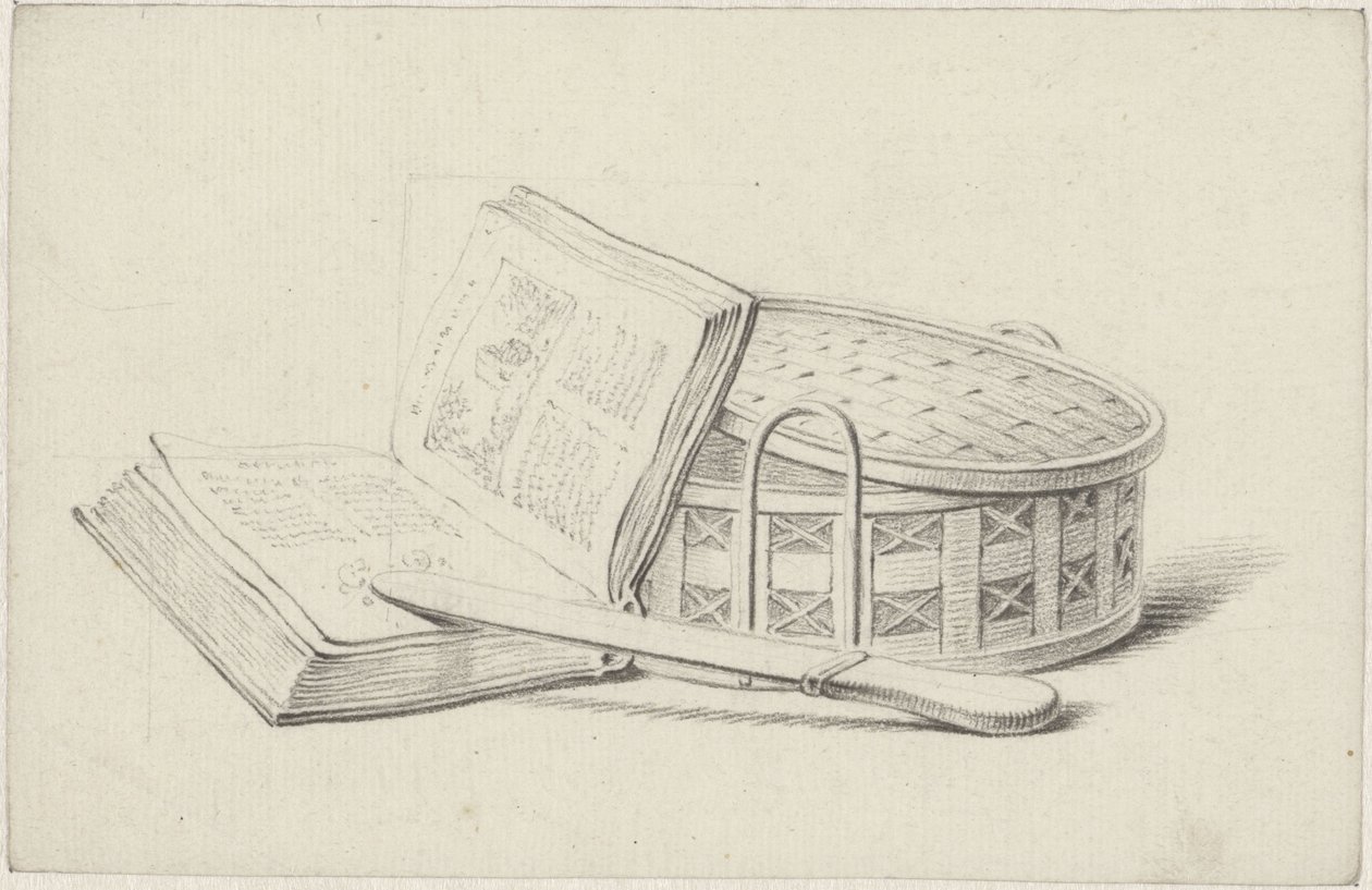 Csendélet könyvvel, levélnyitóval és kosárkával alkotó: Pieter de Goeje