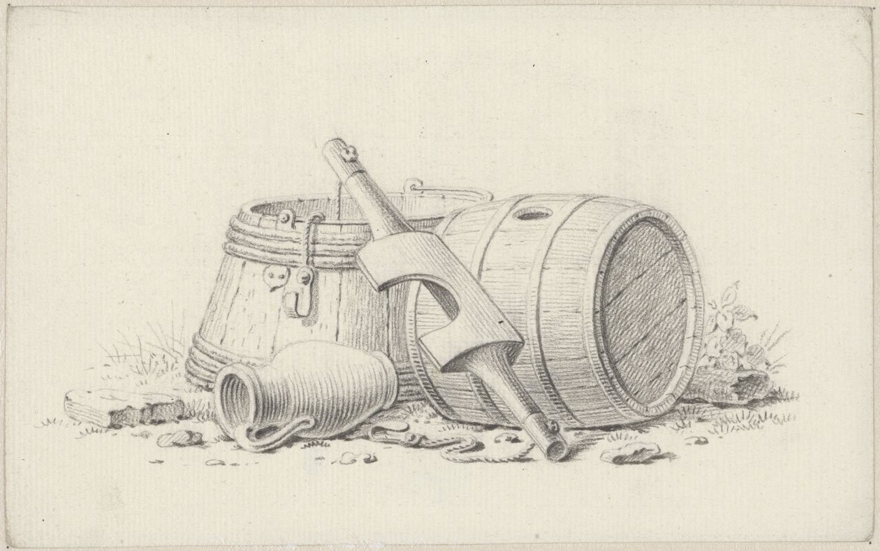 Csendélet hordókkal, egy igával és egy kancsóval alkotó: Pieter de Goeje