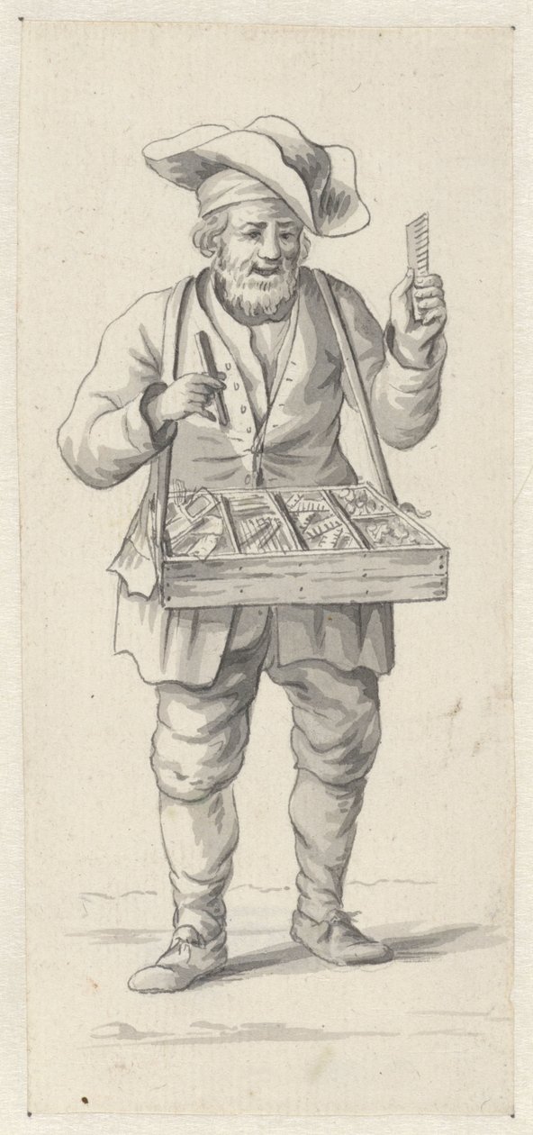 Fésűket és tűket árusító utcai árus alkotó: Pieter de Goeje