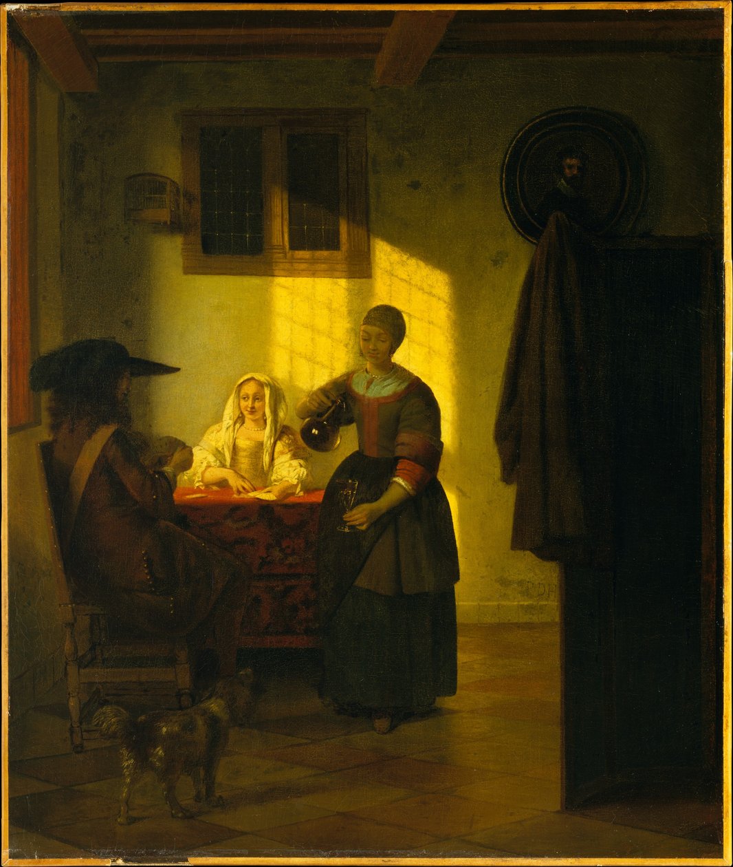 Ein Paar beim Kartenspiel mit einer Dienerin alkotó: Pieter de Hooch