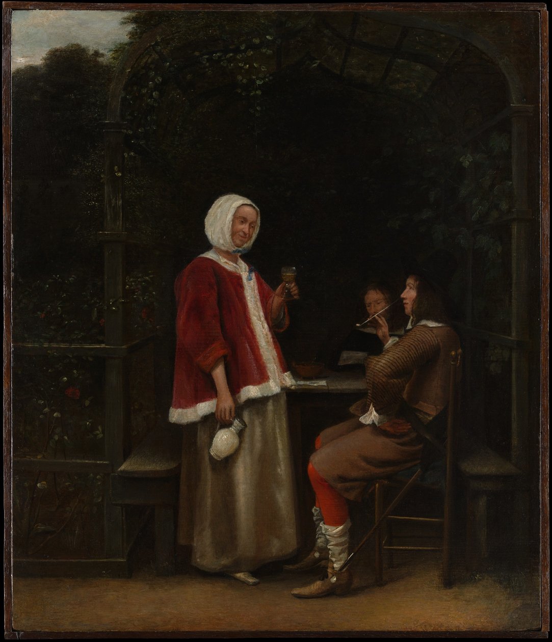 Egy nő és két férfi egy lugasban alkotó: Pieter de Hooch