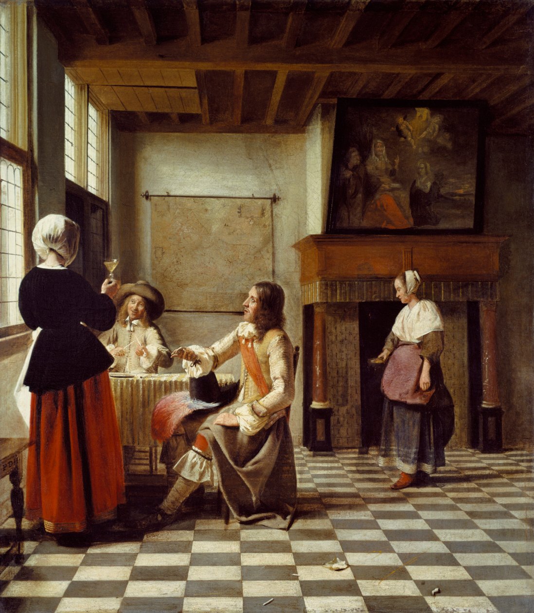 Egy belső tér, egy nővel, aki két férfival iszik, és egy szolgálólányral alkotó: Pieter de Hooch