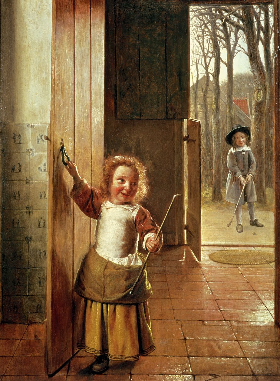 Gyerekek az ajtóban „Golf” botokkal, 1658-60 körül alkotó: Pieter de Hooch