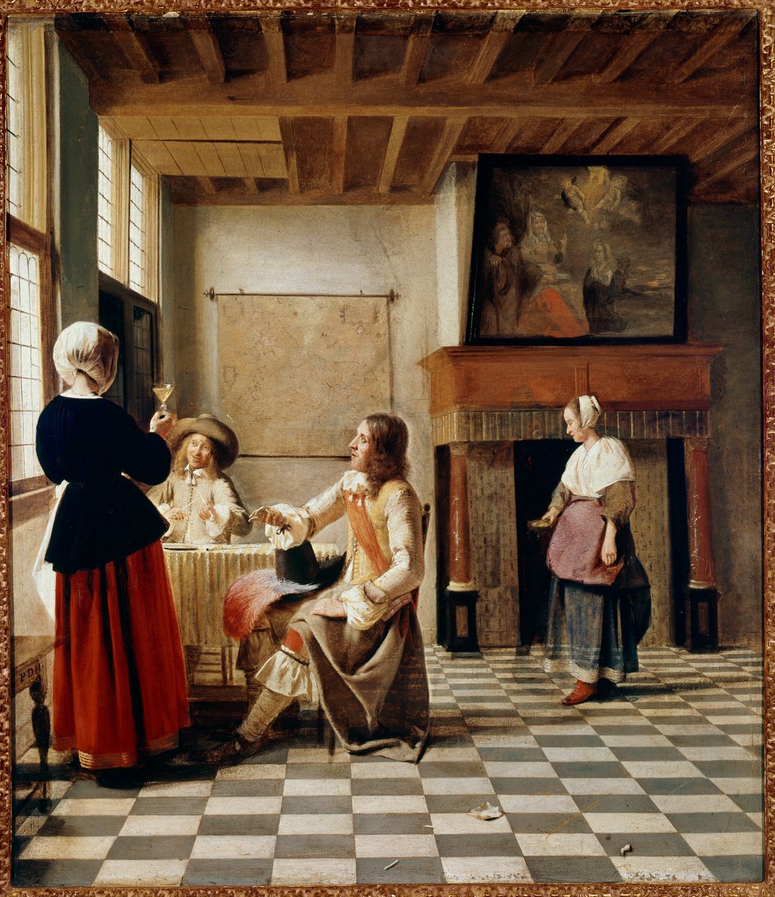 Holland Interieur. Egy nő iszik két barátságos férfival (olaj, vászon, 1658 körül) alkotó: Pieter de Hooch