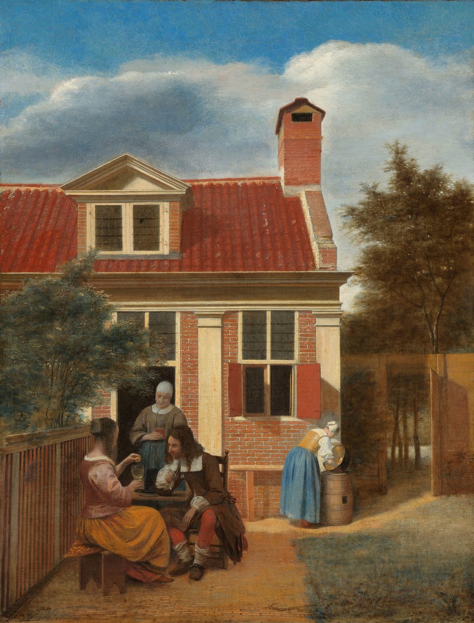 Figurák egy ház mögötti udvarban Három nő és egy férfi az udvaron egy ház mögött alkotó: Pieter de Hooch