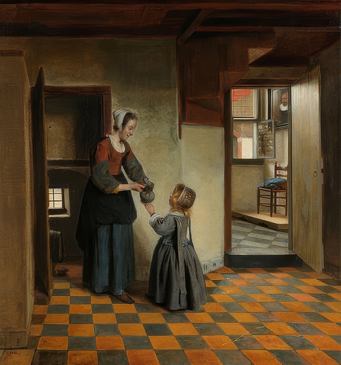 Nő egy gyerekkel a kamrában. 1656-60 körül alkotó: Pieter de Hooch