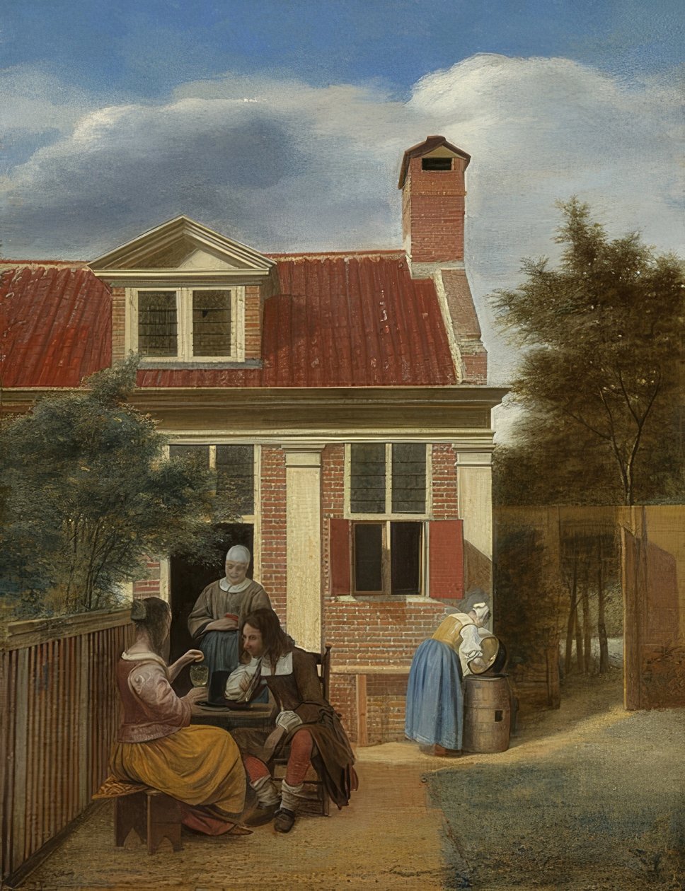 Társadalom az udvaron egy ház mögött. 1663-65 körül alkotó: Pieter de Hooch