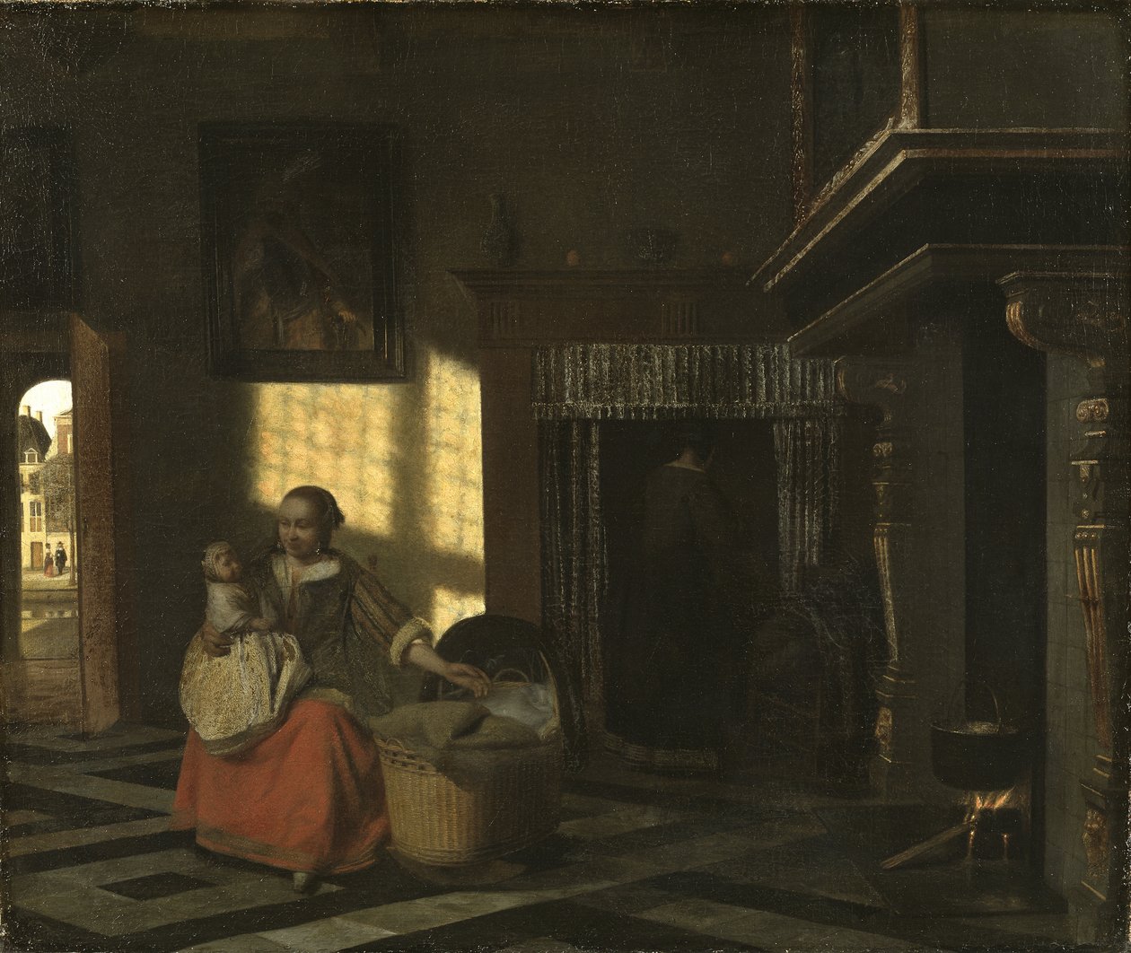 Interior with a Mother near a cradle – Interior with a Mother close to a Cradle, Hooch, Pieter, de (1629-1684). Olaj, vászon, kb 1665. Mérete: 54x65 cm. Nemzeti Múzeum Stockholm alkotó: Pieter de Hooch
