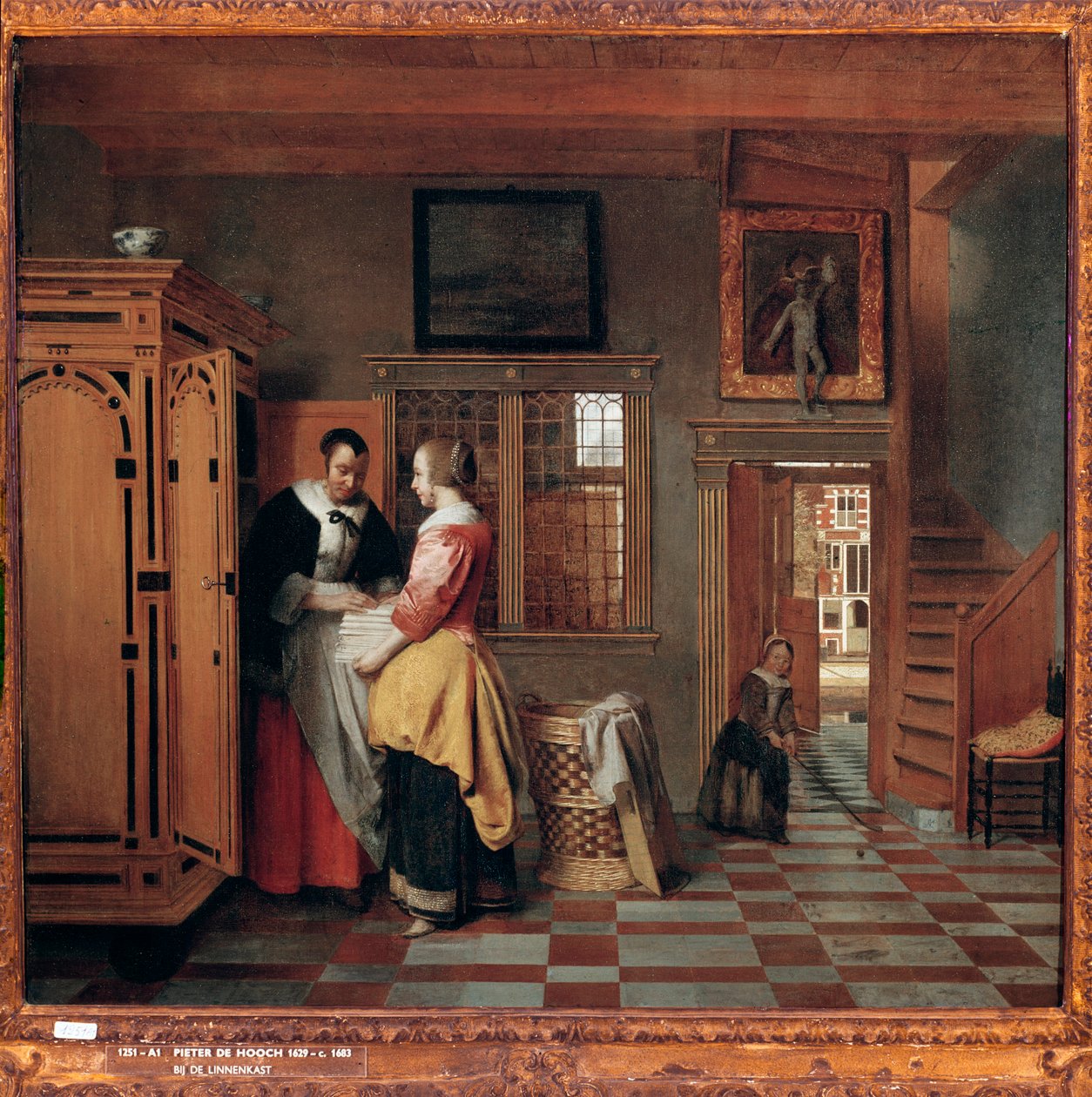 Beltéri nőkkel egy vászonláda mellett alkotó: Pieter de Hooch