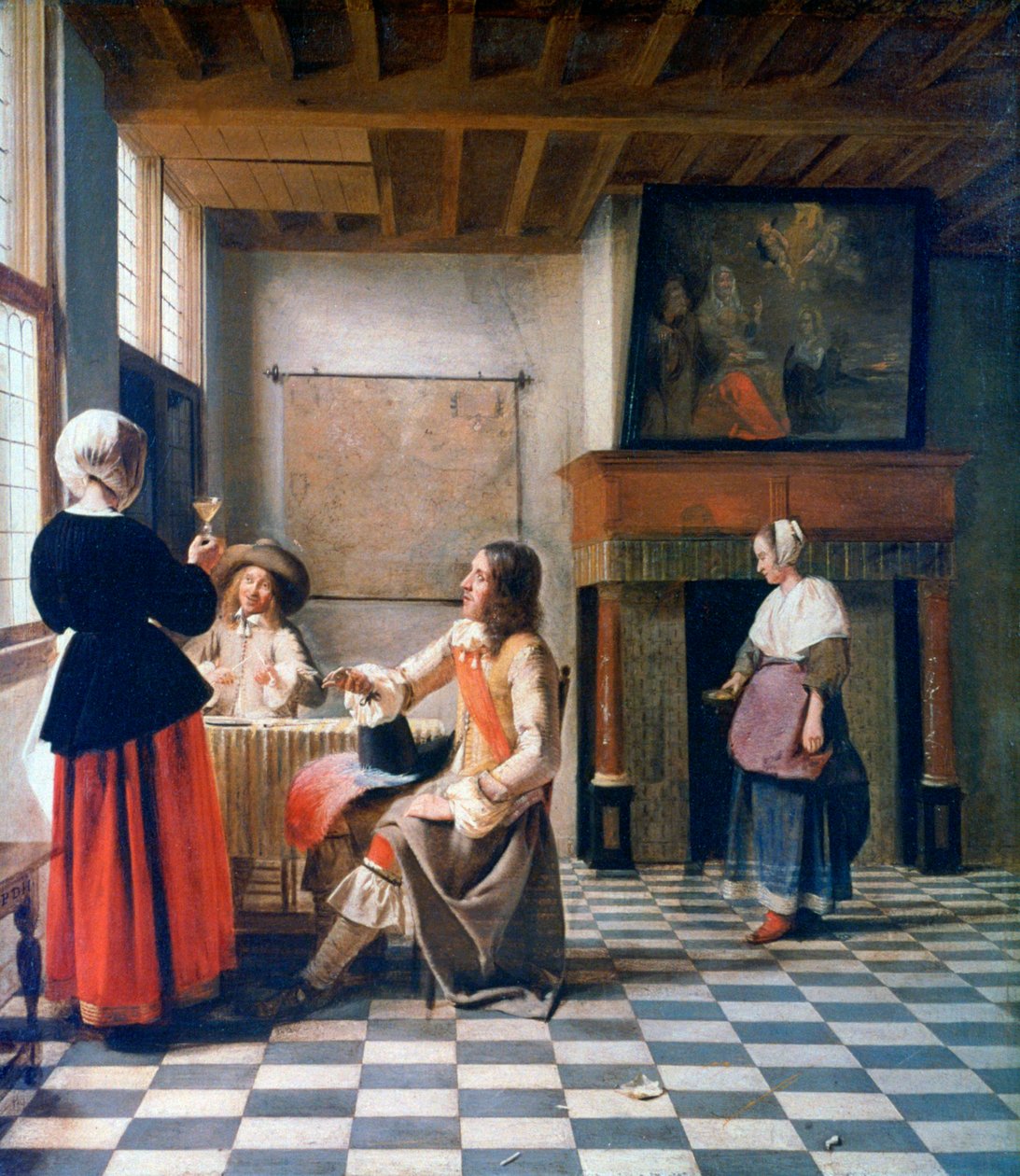 Belső, Nő iszik két férfival és egy szolgálólány, c1658 alkotó: Pieter de Hooch