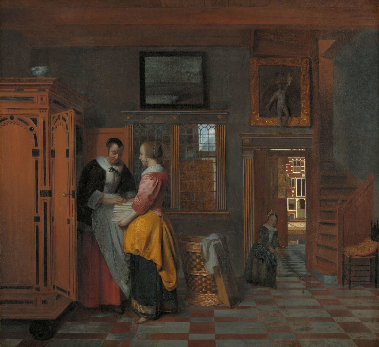 Belső nőkkel egy vászonszekrény mellett Belső nőkkel egy vászonláda mellett alkotó: Pieter de Hooch