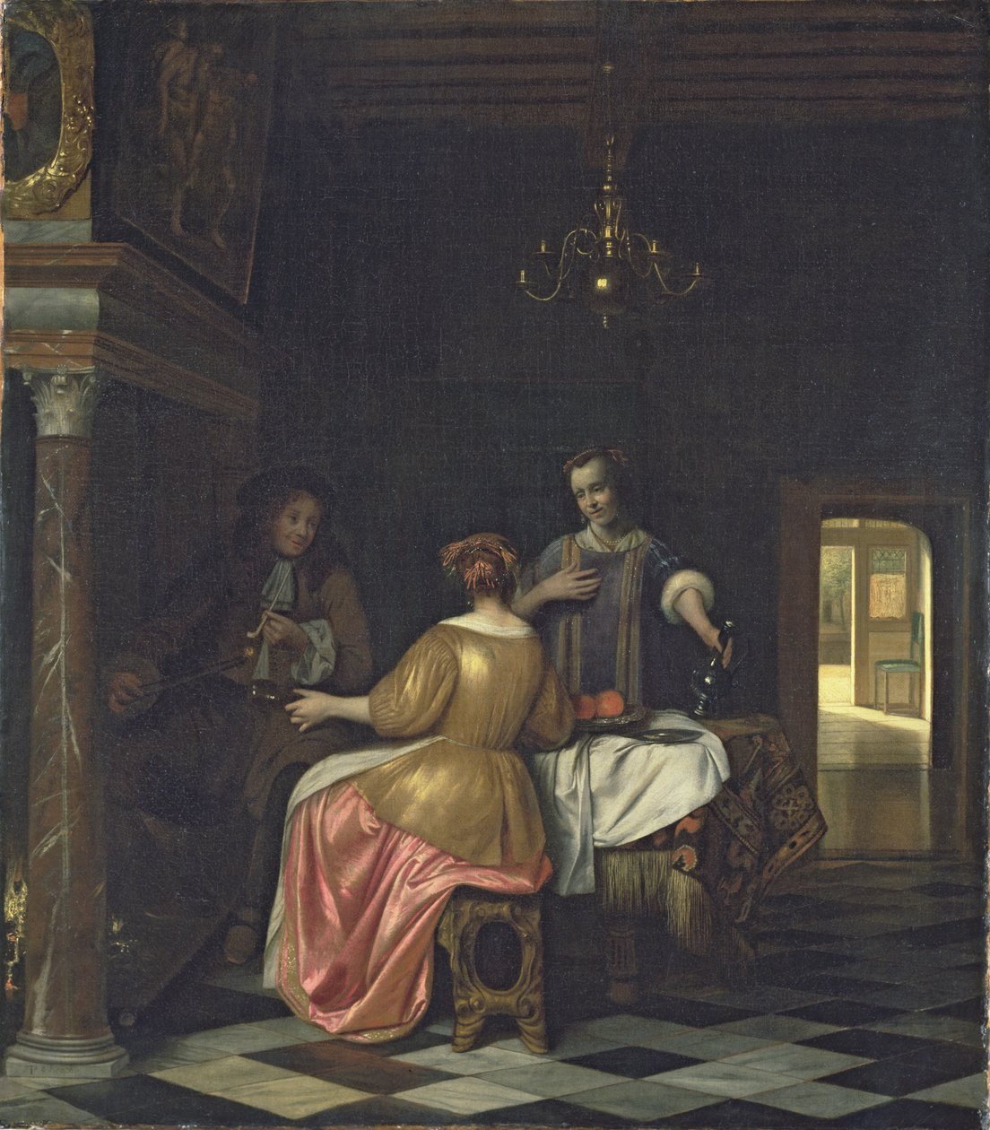 Interior egy úriember és két hölgy beszélget, 1668-70 körül (olaj, vászon) alkotó: Pieter de Hooch
