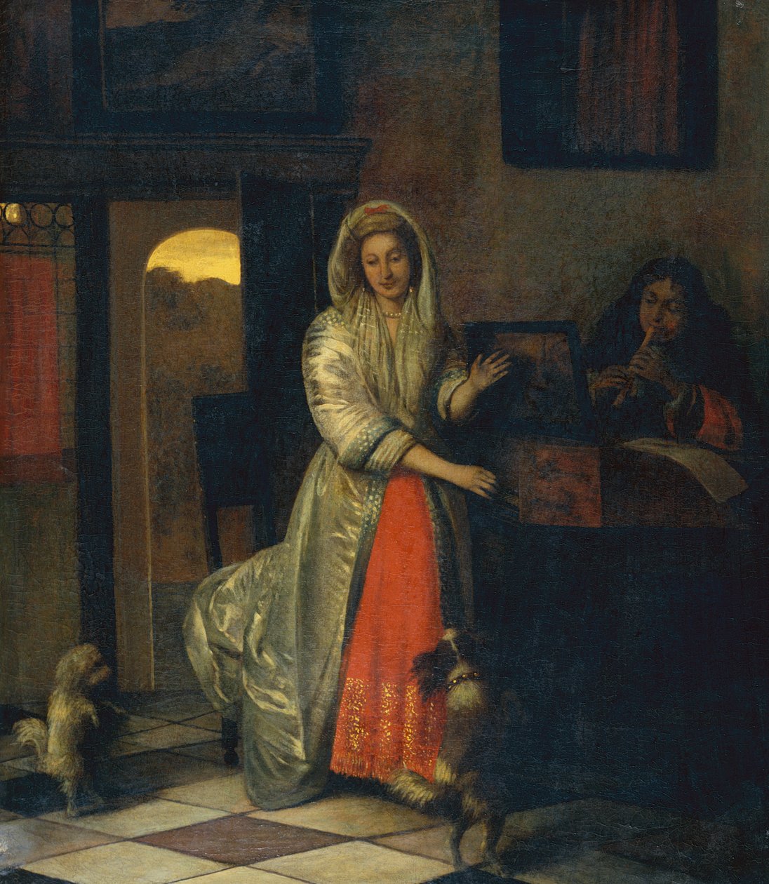 Hölgy és úriember zenélnek táncoló kutyákkal alkotó: Pieter de Hooch