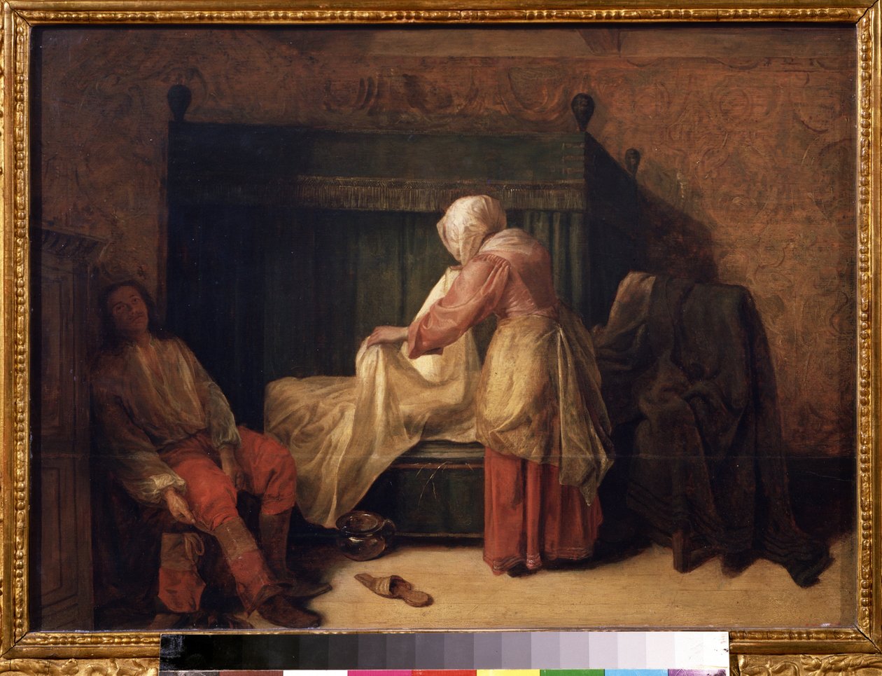 ""A fiatalember reggele"" (The Morning of a Young Man) Egy fiatal férfi arra készül, hogy felébredjen, miközben egy szobalány átveti az ágyat. A földön papucs és kamrafazék. Pieter de Hooch (1629-1684) festménye 1655-1657 Puskin Múzeum, Moszkva alkotó: Pieter de Hooch