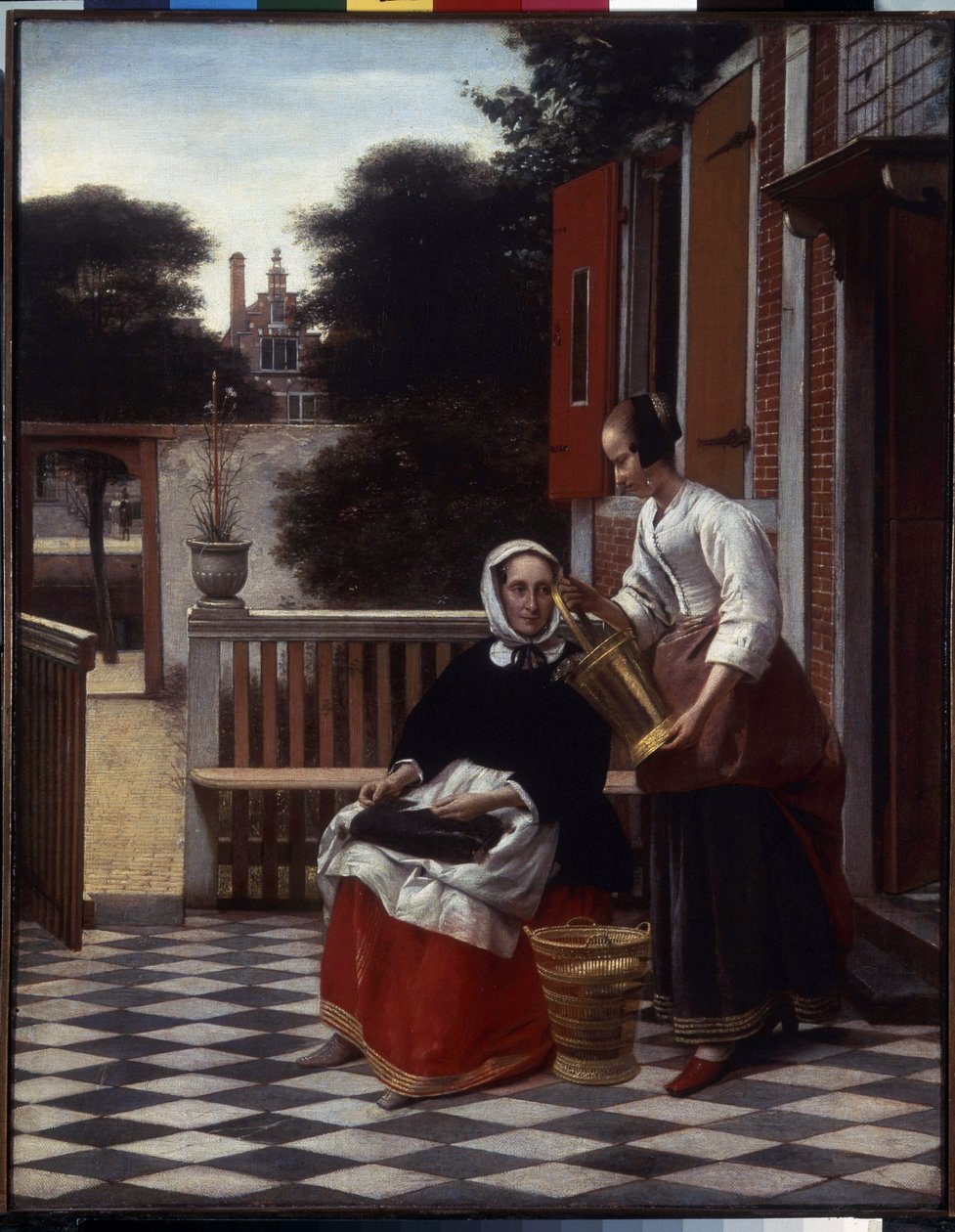 Úrnő és szolgája. (Egy úrnő és szobalánya). A ház úrnője a varrásmunkával elfoglalt teraszon nézi a szolgálója által végzett munkát. Pieter de Hooch festménye (1629-1684) alkotó: Pieter de Hooch