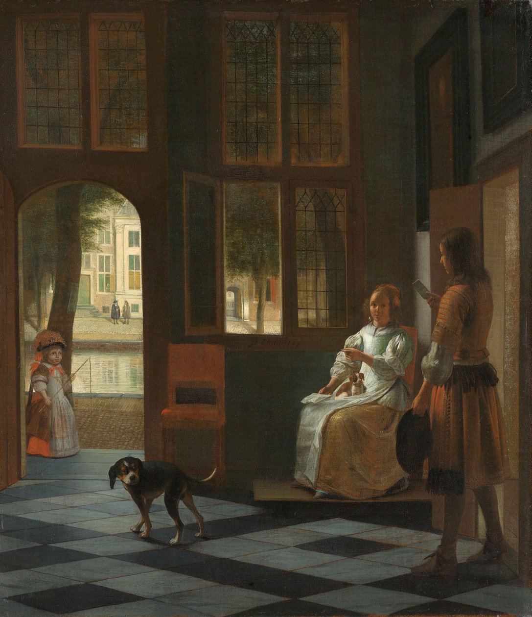 Férfi, aki levelet ad át egy nőnek egy ház előcsarnokában, 1670 alkotó: Pieter de Hooch