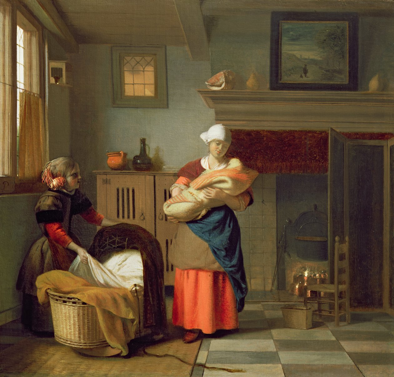 Dajka babával egy belső térben, és egy fiatal lány előkészíti a bölcsőt alkotó: Pieter de Hooch