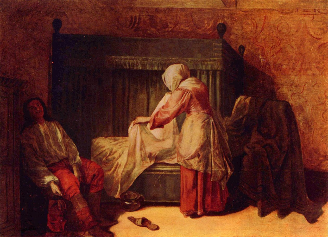 Katona húzza a csizmát és egy nő ágyazik alkotó: Pieter de Hooch