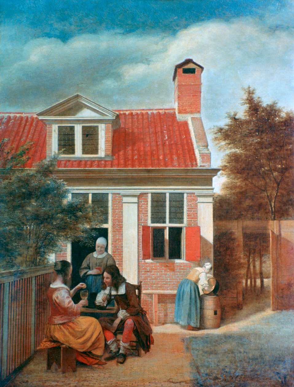 Három nő és egy férfi egy udvarban egy ház mögött, c1657-1659 alkotó: Pieter de Hooch