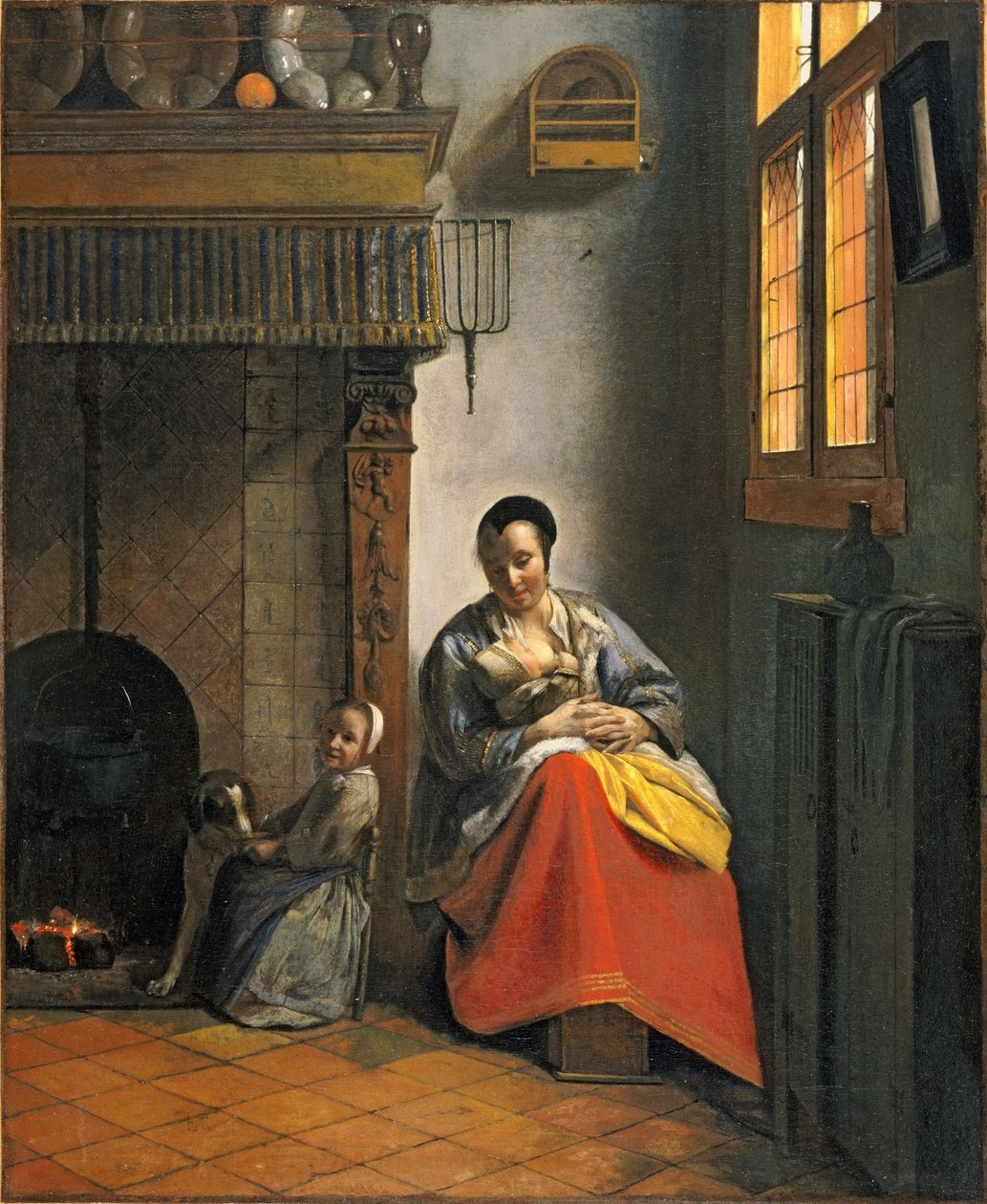 Egy csecsemőt szoptató nő, egy gyerekkel és egy kutyával alkotó: Pieter de Hooch
