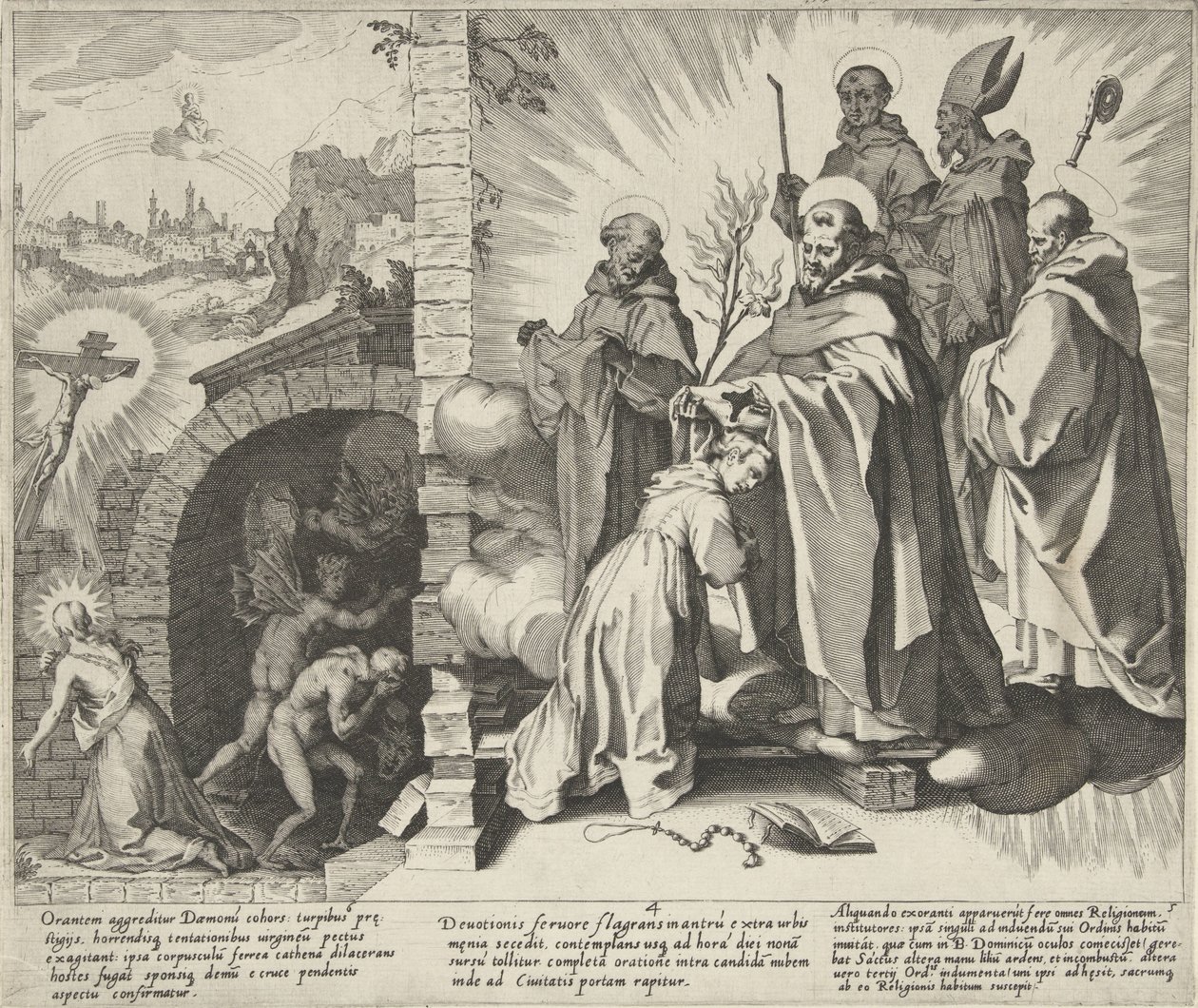 Catharina biddend / Visioen van Catharina / Catharina wordt Dominicanes Scènes uit het leven en wonderen van de Heilige Catharina van Siena (sorozat címe) Idősebb B. Katalin élete, halála és válogatott csodái (...) (sorozat címe) alkotó: Pieter de Jode (I)