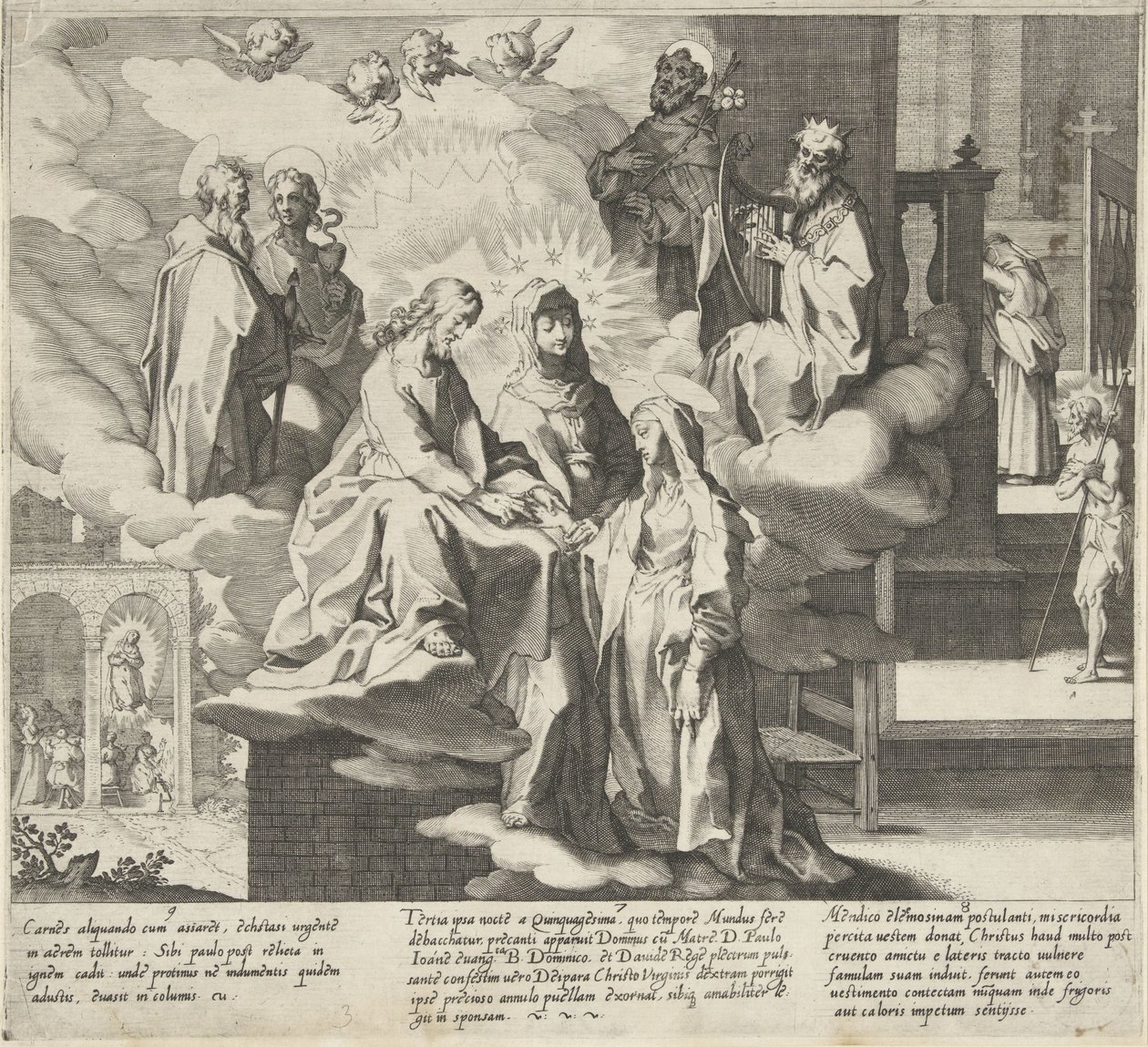 Katalin megjelenik / Katalin esküvője / Catherine megosztja köpenyét Jelenetek Sienai Szent Katalin életéből és csodáiból (sorozat címe) Vita mors gesta, et miracula quaedam selecta B. CATHERINAE SENENSIS (...) (sorozat címe) alkotó: Pieter de Jode (I)