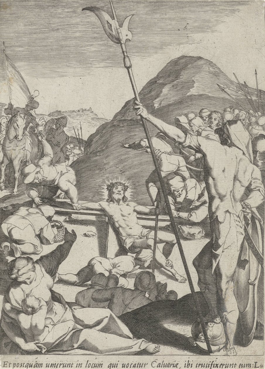 Krisztust a keresztre szegezték Krisztus szenvedése (sorozat címe) Passionis et resurrectionis (sorozat címe) alkotó: Pieter de Jode (I)