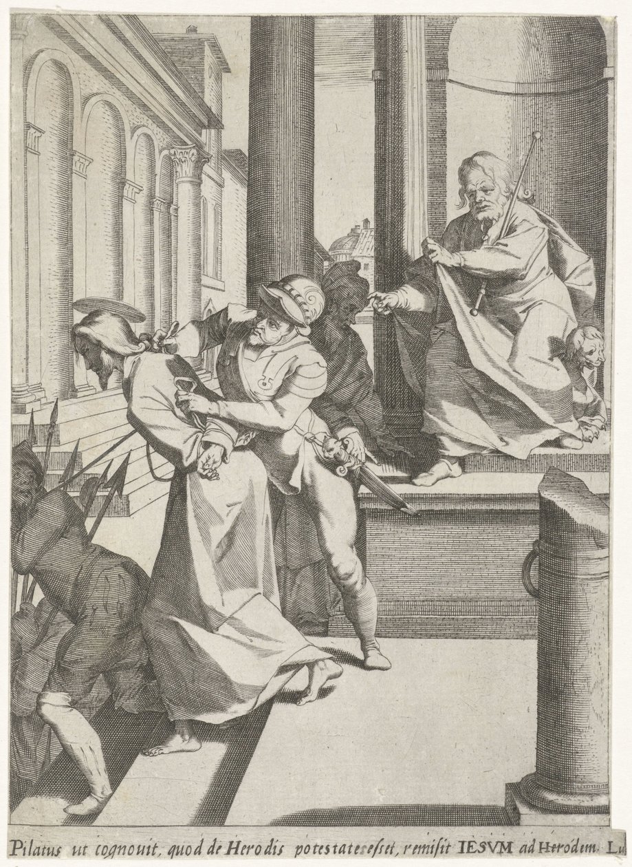 Krisztust Pilátus küldte Heródeshez Krisztus szenvedése (sorozat címe) Passionis et resurrectionis (sorozat címe) alkotó: Pieter de Jode (I)