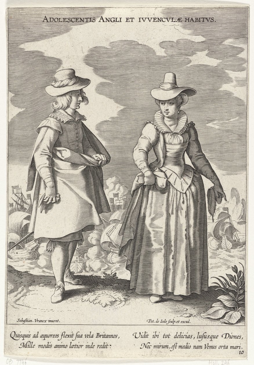 Paar, gekleed volgens de Engelse mód, kb. 1610 Serdülőkori angol és angol szokások (cím a tárgyon) Kostuums uit verschiedelden landen (sorozat címe) Különféle nemzetek díszei (sorozat címe) alkotó: Pieter de Jode (I)