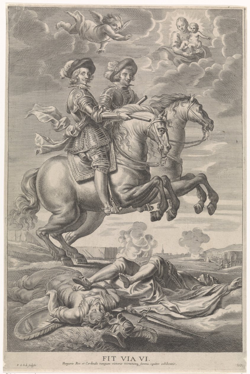 Osztrák Ferdinánd Ferdinánd cseh és magyar királlyal lóháton a nordlingeni győzelemnél A bíboros-csecsemő örömteli belépése Gentben, 1635 (sorozat címe) alkotó: Pieter de Jode (II)
