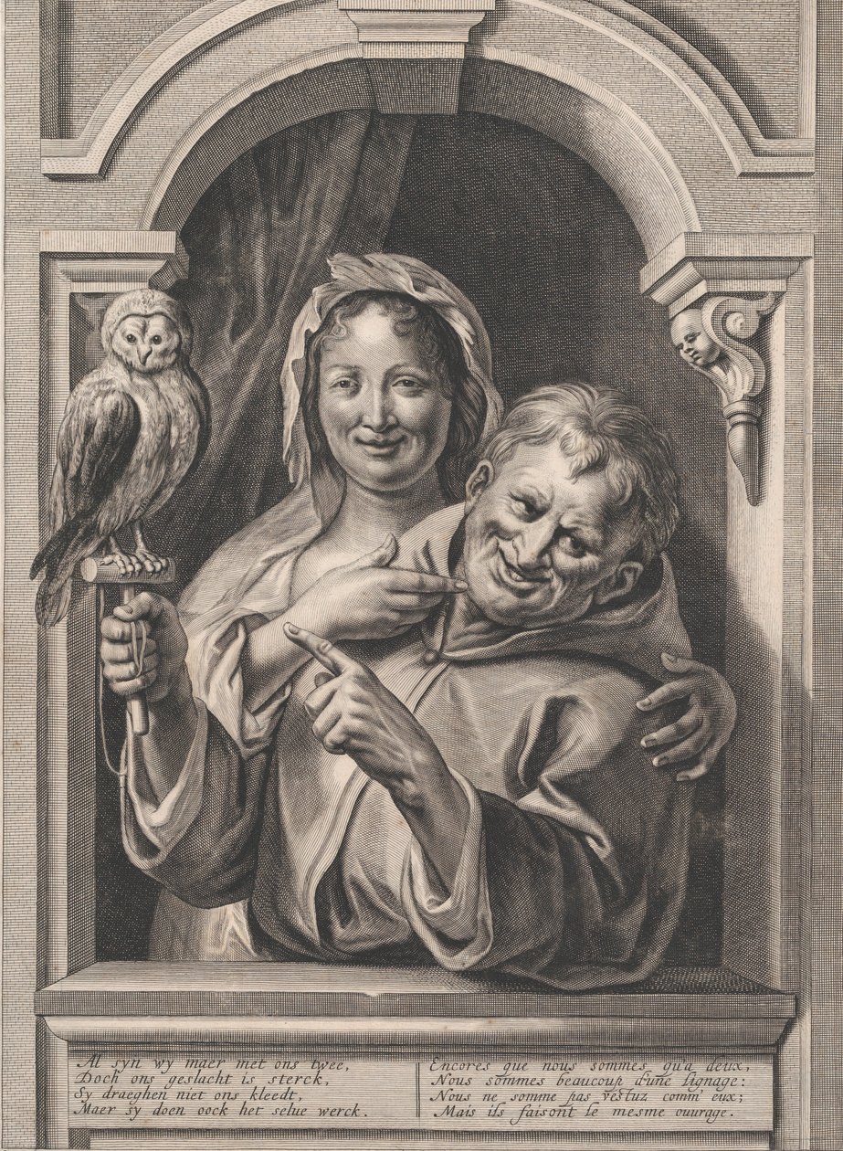 Bolond bagollyal és nő az ablakban, 17. század. alkotó: Pieter de Jode II
