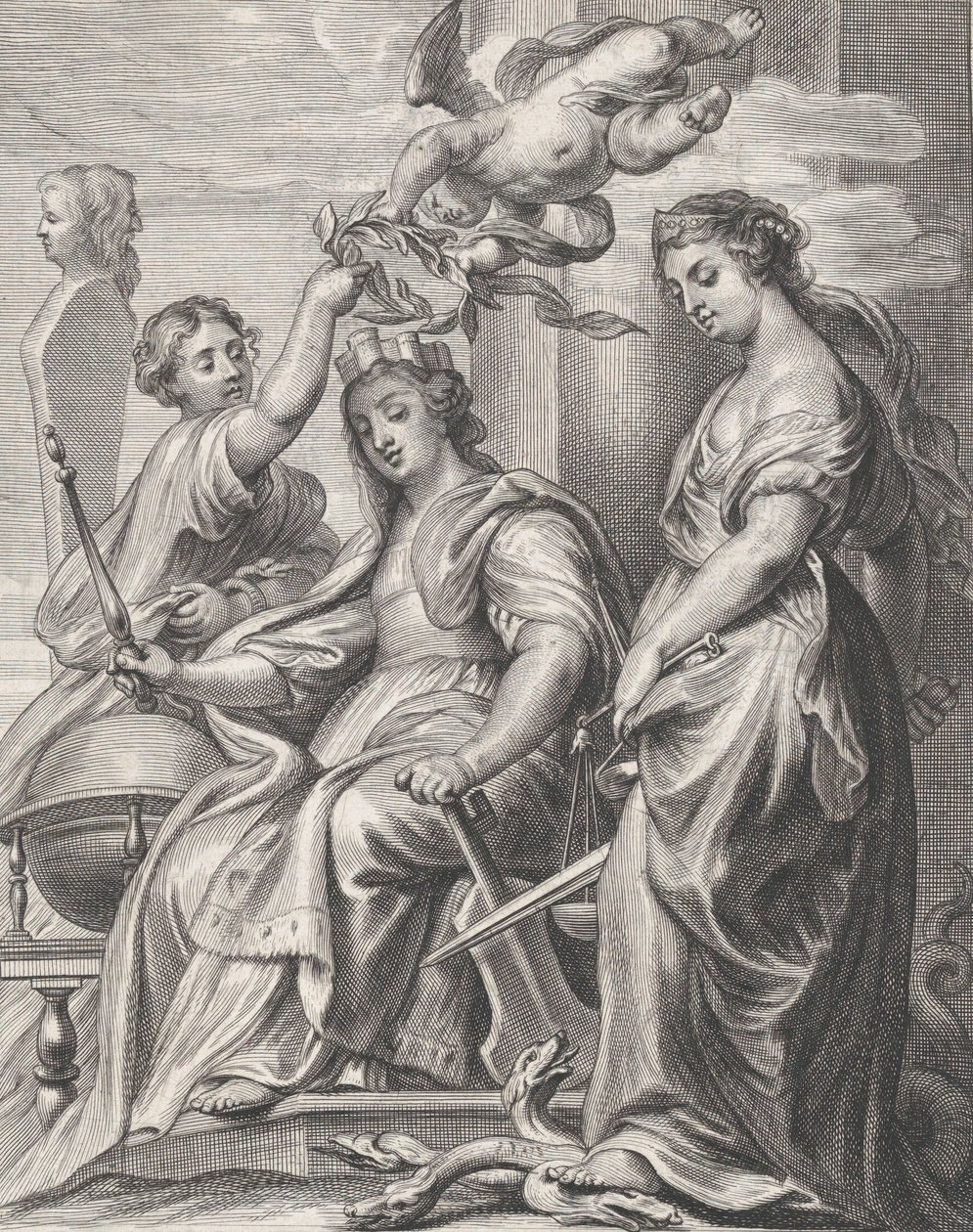 A jó kormányzás allegóriája, középen ülve, és egy puttó és egy jaj koronázza meg, kb. 1640-74. alkotó: Pieter de Jode II