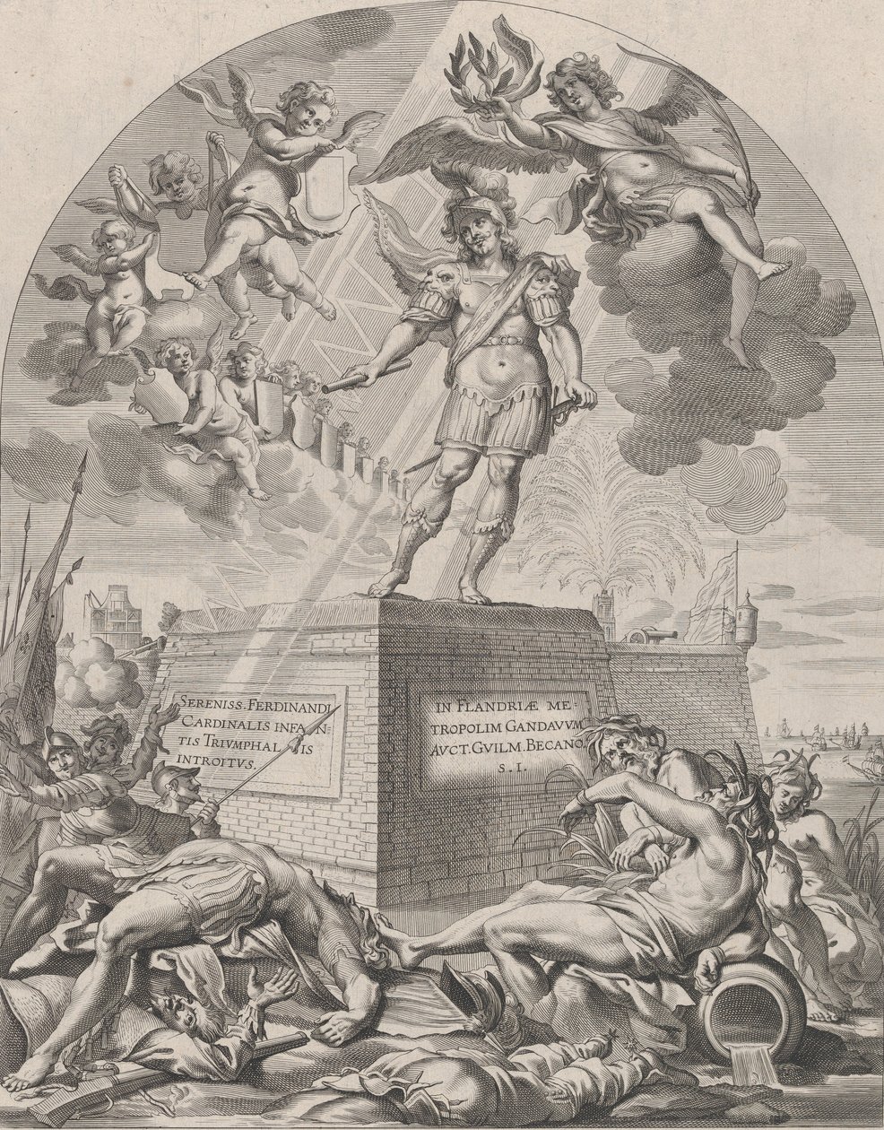 1. tábla: Ferdinánd mint Mars, talapzaton állva, Guillielmus Becanus Serenissim... című művéből, 1636 alkotó: Pieter de Jode II