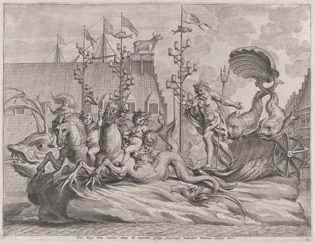 35. tábla: Spanyol Fülöp, mint Neptunusz, két tengeri ló által vontatott szekéren ül, Gu...-ból, 1636. alkotó: Pieter de Jode II