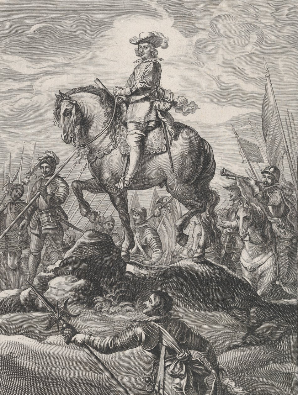 8. tábla: Ferdinánd lóháton átkel az Alpokon, Guillielmus Becanus Serenissimi... című művéből, 1636. alkotó: Pieter de Jode II